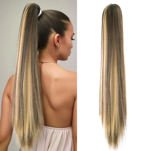 Yufeihe Hair Claw Clip Ponytail Extension 22Inch Long Straight 130g/pack Synthetic Clip in Ponytail Hair Extension for Women Pony Tail Hair Hairpiece (Blonde Mix Dark Blonde-F22/10)