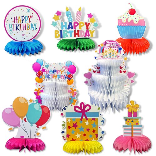 Happy Birthday Table Decorations Honeycomb Centerpiece Decor for Party Tables Kids Colorful Fake Birthday Cake Kit Center Pieces 8 Pack Supplies