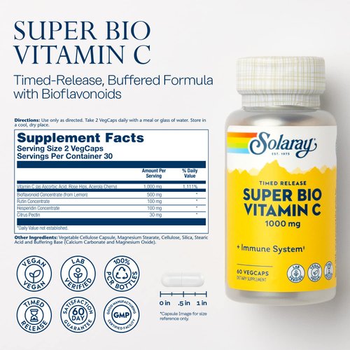 SOLARAY Super Bio Vitamin C 1000mg, Buffered, Time Release Capsules with Bioflavonoids, Two-Stage for High Absorption & All Day Immune Support, Vegan, 60 Day Guarantee, 30 Servings, 60 VegCaps