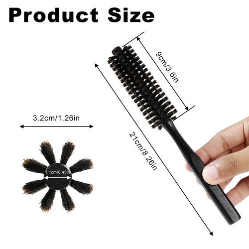 Boars Hair Round Brush, Mini Round Brush, Small Hair Bush for Small Round Brush for Blow Drying, Curling Brush for Short Hair, Small Beard Brush Round Bristle Brush Black