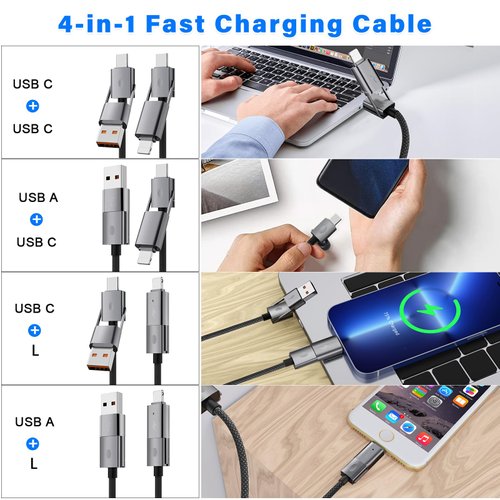 4 in 1 USB C Cable, 2Pack [Upgraded] Multi Fast Charging Cable Dual C to C Cable PD 65W 27W, [6FT+3FT] Round Braided Universal Charger Cord Combo Type C/USB A/L Port for iPhone/i-Pad/Samsung/Mac Book