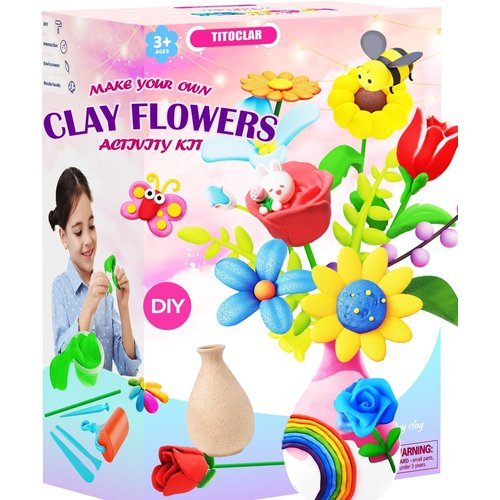 Titoclar Arts & Crafts Kits for Kids Girls 8-12, Air Dry Clay Modeling Clay, Mothers Day Crafts for Kids, Birthday Mothers Day Gifts for Girls 6 7 8 9 10 11 12 Year Old, Girl Kids Toys Clay Flowers