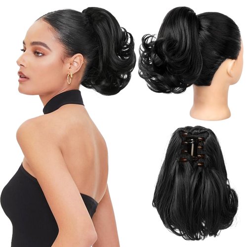 Flufymooz Ponytail Extension, 8 inch Short Claw Ponytail Extension Wavy Curly Jaw Clip in Pony tails Hair Extension Natural Synthetic Hairpiece for Women (Natural Black)