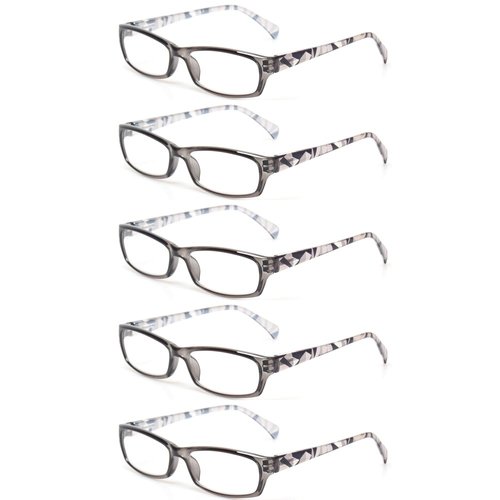 Kerecsen 5 Pairs Fashion Ladies Reading Glasses Spring Hinge Pattern Design Readers, 5 Pack Gray, Medium