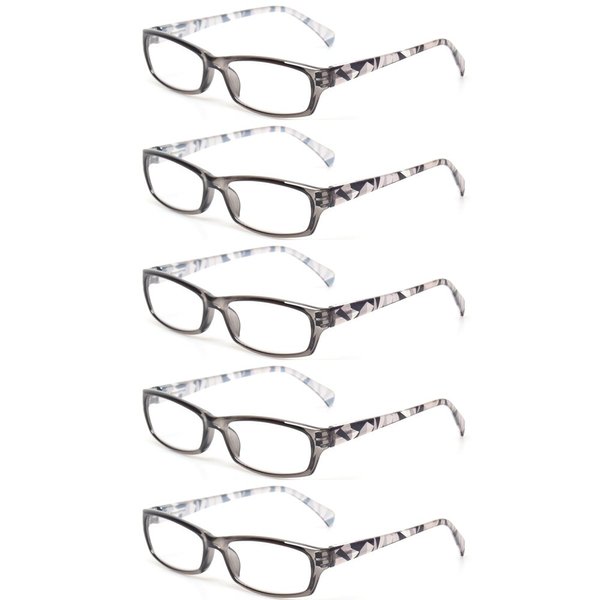 Kerecsen 5 Pairs Fashion Ladies Reading Glasses Spring Hinge Pattern Design Readers, 5 Pack Gray, Medium