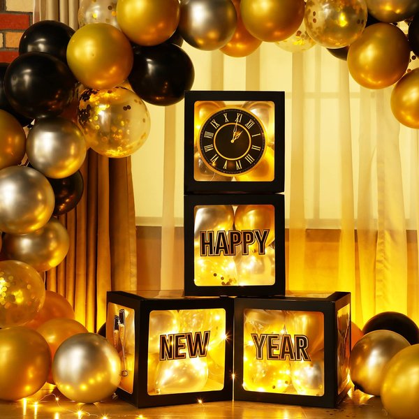 Capoda 51 Pcs Happy New Year Party Decoration Kit, Black and Gold 2025 Balloon New Years Eve Party Boxes with Balloon and LED Light Strings Supplies for 2025 New Years Eve Party