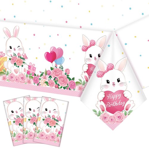 3 Pcs Easter Bunny Party Supplies Tablecloth Bunny Plastic Table Covers Floral Pastel Table Cloth...