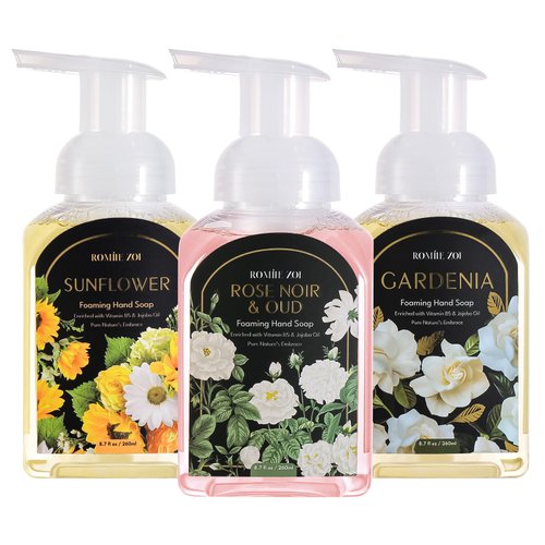 ROMIIE ZOI Mini Foaming Hand Soap - Pack of 3 - Rose Noir & Oud, Gardenia, Sunflower - 260 ML/ 8.7 FL. OZ Each