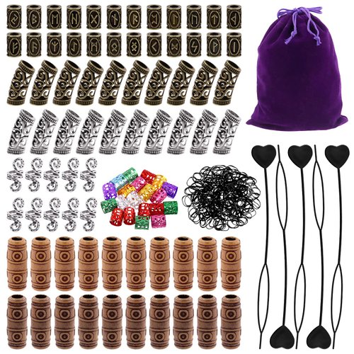 Tanstic Viking Rune Beads Set, 300Pcs Norse Hair Beads Dreadlock Beads including 5Pcs Black Pull Hairpin Quick Beader Hairpins and 200Pcs Black Rubber Bands with a Bag for Men Women
