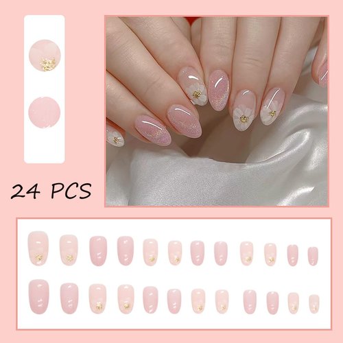 24 Pcs Flower Press on Nails Short Oval Pink Fake Nails with Cat Eye Designs Golden Foil Flowers False Nails Glue on Nails Full Cover Floral Acrylic Nails for Women Girl Reusable Nail Supplies