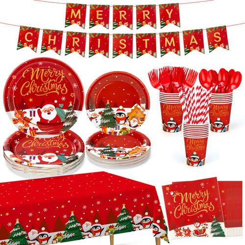 Christmas Paper Plates and Napkins Disposable Dinnerware Set, Christmas Party Supplies Includes 9" Dinner Plates 7" Dessert Plates Cups Napkins Banner Tablecloth Cutlery for Xmas Decorations, Serve 20