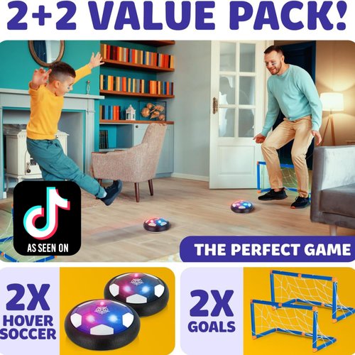 Hover Soccer 2 Balls with 2 Goals, Indoor 4-in-1 Pack, Floating Gliding Disk Toys for Ages 5-7, 6-12, 8-13, Fun Active Game for Boys and Girls, Birthday Christmas Drone Gifts, Soccer Ball Set for Kids