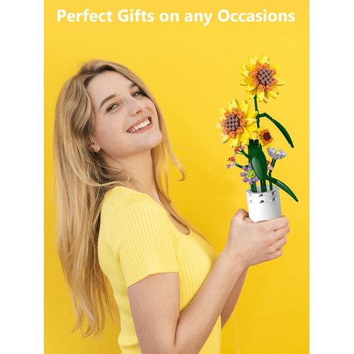 AMSHINE Sunflower Building Block Set, Flower Bouquet with Vase Building Toys, Party Gift Favor for Adults Teens Kids Girls Boys