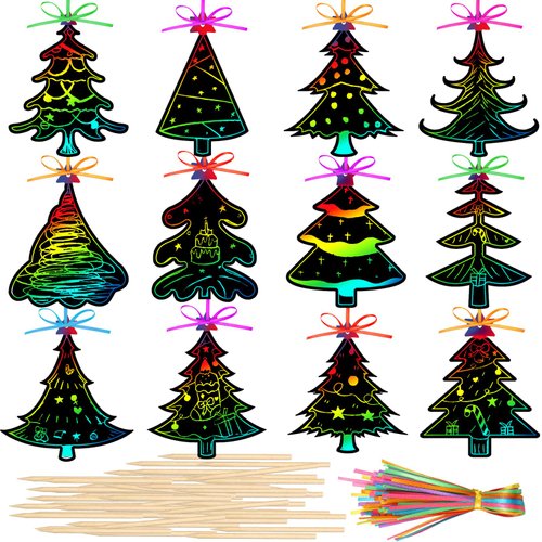 Qilery 120 Pcs Christmas Scratch Paper Rainbow Color Scratch Ornaments Christmas Crafts Kits with Sticks and Ribbon for Xmas Birthday Winter Party Favors DIY Hanging Decorations(Xmas Tree)