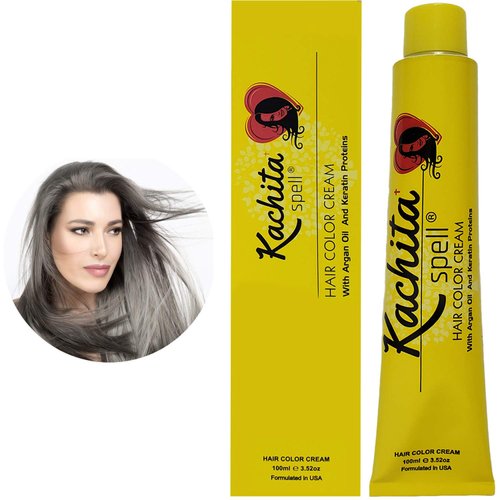Permanent Hair Dye Smoke Silver Kachita Spell 3.52 oz 100 mL Professional Hair Color Cream with Keratin and Argan Oil, 100% Gray Coverage