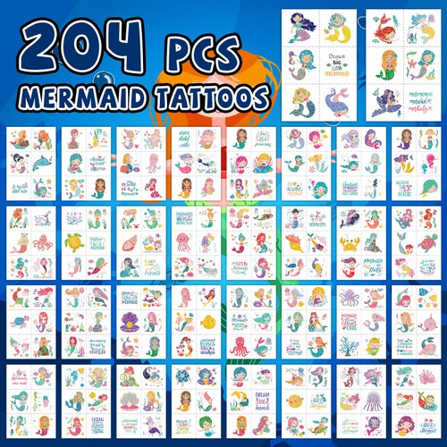 EMOME Glitter Temporary Tattoos for Girls, 204 Set Mermaid Tattoos Stickers Kids Pre-cut, Mermaid Theme Party Favors Birthday Decorations for Girls Kids