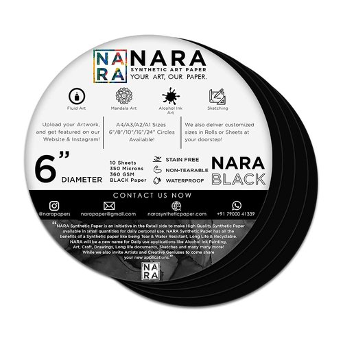 NARA Alcohol Ink Paper | Black | 6” Diameter Circle | 350 microns/360 GSM | 10 Sheets | Medium+ Paper | Paper for Alcohol Ink Art Painting | 100% Stain-Free