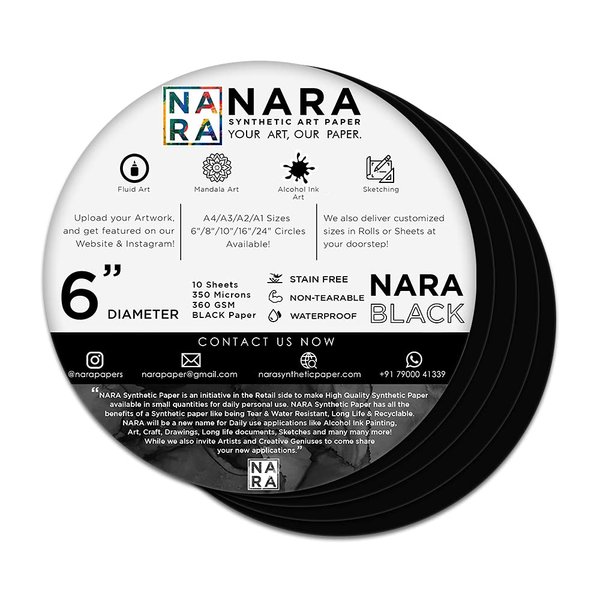 NARA Alcohol Ink Paper | Black | 6” Diameter Circle | 350 microns/360 GSM | 10 Sheets | Medium+ Paper | Paper for Alcohol Ink Art Painting | 100% Stain-Free