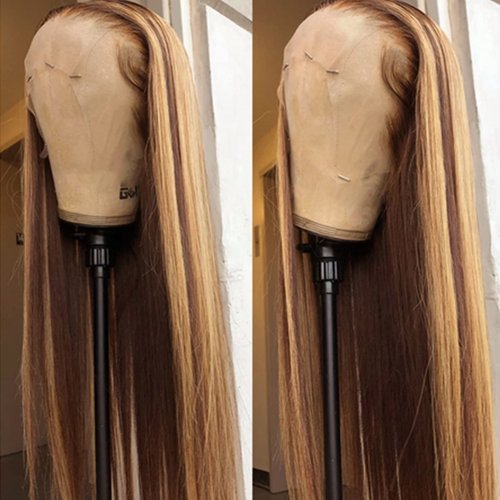 TaBeWay Ombre Highlight Synthetic Lace Front Wigs SIlky Straight Light Brown Highlight Blonde Heat Resistant Lace Front Wig for Fashion Women