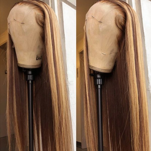 TaBeWay Ombre Highlight Synthetic Lace Front Wigs SIlky Straight Light Brown Highlight Blonde Heat Resistant Lace Front Wig for Fashion Women