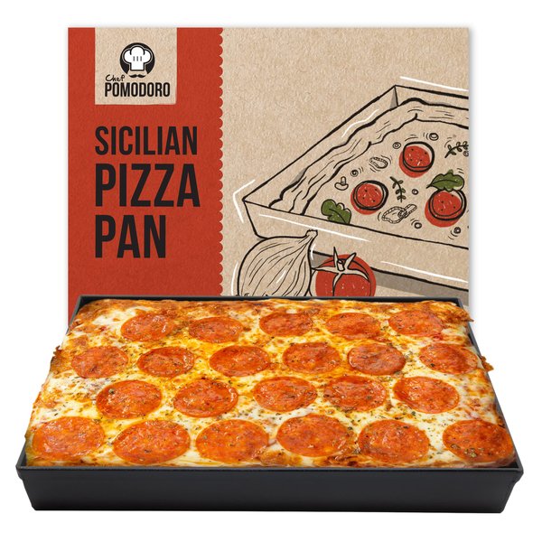 Chef Pomodoro Sicilian Deep Dish Square Pizza Pan, 13.2 x 13.2 x 1.5 Inch, Non-stick Aluminum, Focaccia Crust, Dough Pre-Seasoned Bakeware Kitchenware