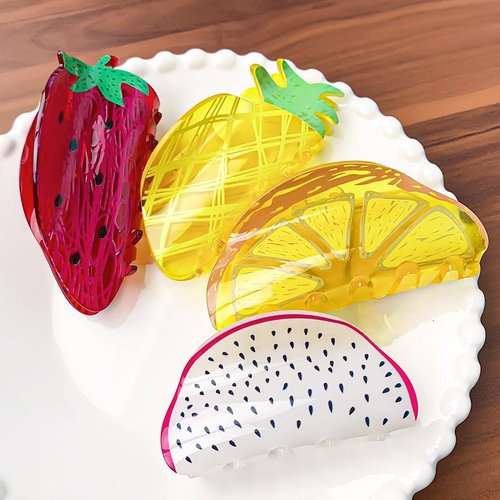 Fruit Print Hair Claws Non Slip 3.8" Medium Hair Claws Clips Cute Vivid Color Women Girls Hair Accessories, Lemon Shape