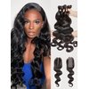Popvibes Body Wave Bundles Human Hair Human Hair Extensions Natural Brazilian Virgin Unprocessed Human Hair with Mono Top Closure 4 Bundles Black Color 16 18 20 22inch