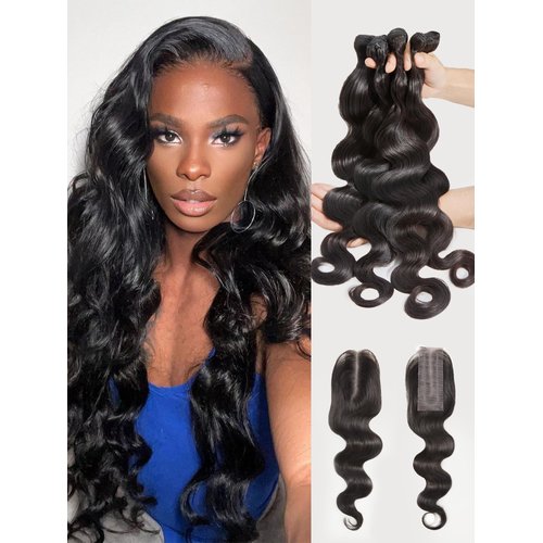 Popvibes Body Wave Bundles Human Hair Human Hair Extensions Natural Brazilian Virgin Unprocessed Human Hair with Mono Top Closure 4 Bundles Black Color 16 18 20 22inch