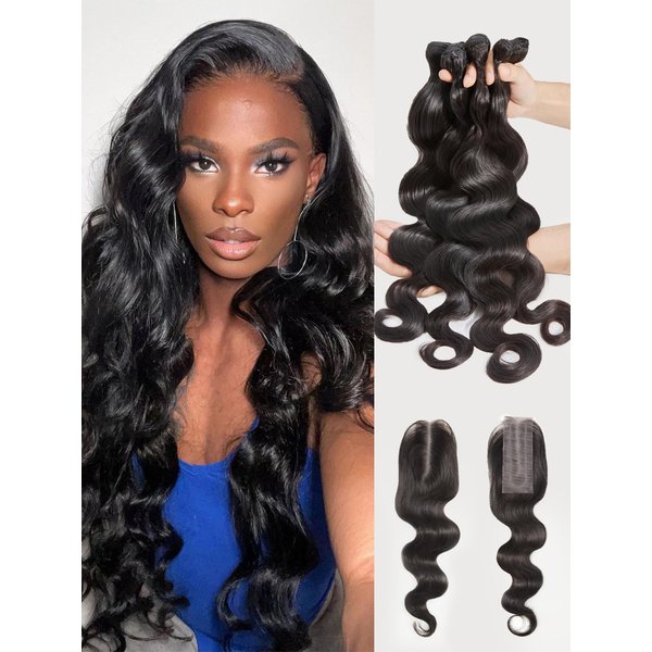 Popvibes Body Wave Bundles Human Hair Human Hair Extensions Natural Brazilian Virgin Unprocessed Human Hair with Mono Top Closure 4 Bundles Black Color 16 18 20 22inch