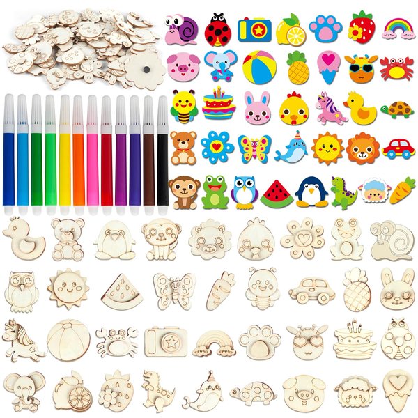 gisgfim 36Pcs DIY Wooden Magnets Painting Kit for Kids Unfinished Wood Cutouts Arts and Crafts for Kids 2-4 4-8 8-12 Decorate Your Own Painting Gift Toys for Boys Girls Birthday Party Favors Supplies