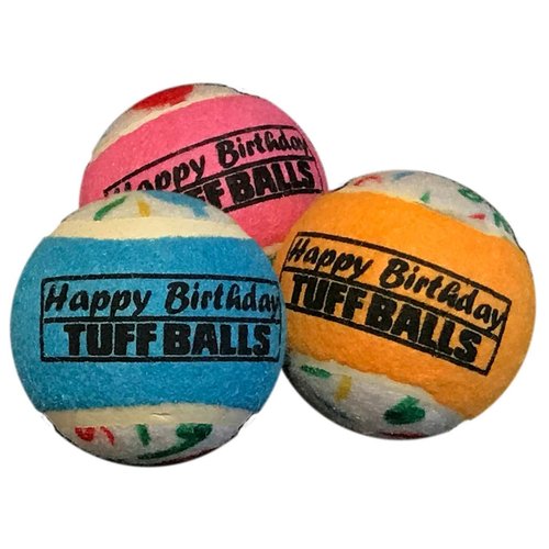 PetSport Happy Birthday Tuff Ball Dog Toys | 3 Pack Medium (2.5") Pet Safe Felt & Extra-Thick Rubber Tennis Balls for Durability and Bounce | Makes a Great Gift