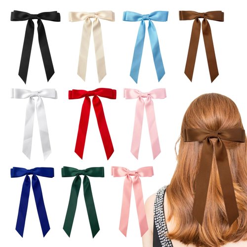 Satin Hair Bows for Women - 10pcs Silky Women Hair Bow Clips Ponytail Holders Hair Ribbon for Women Girls
