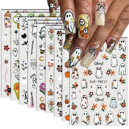 9 Sheets Halloween Nail Art Stickers Fall 3D Self-Adhesive Stickers Decals Flowers Nail Stickers Nail Decor Decals Cute Little Ghost Pumpkin Spider Web Designs Halloween Nail Art Accessories for Women