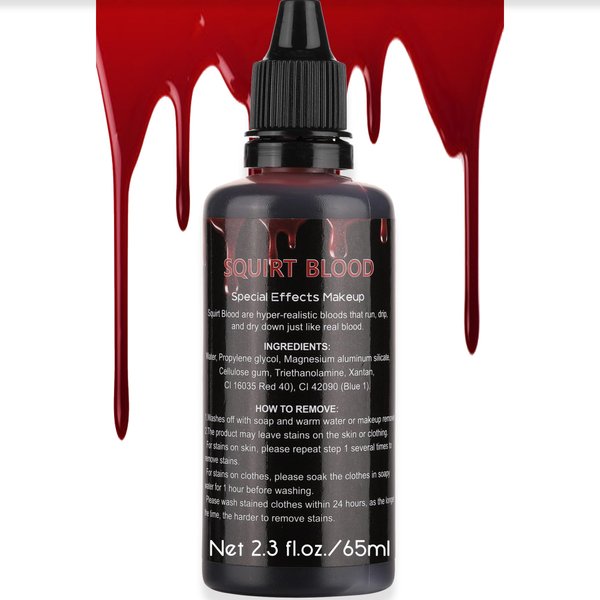 CCBeauty 2.3oz Fake Blood Washable, Squirt Blood Makeup, Safe Realistic Edible Liquid Bloods for Clothes, Halloween Costume,Theater,Cosplay,Zombie,Special Effects,SFX Flesh Cut Wound Makeup,Bright