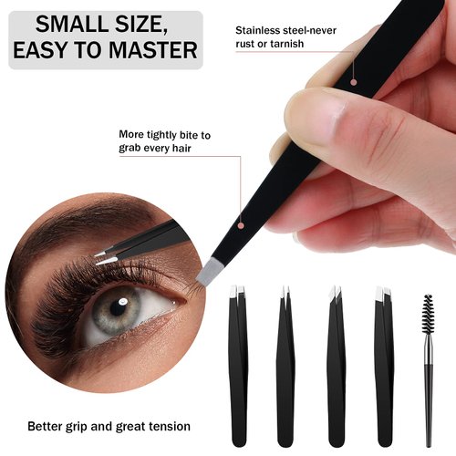 Honoson 6 Pcs Eyebrow Tweezers Set for Women Precision Tweezer for Eyebrows with Curved Scissors Eyelash Brush Girls Facial Hair Plucking Daily Beauty Tools with Leather Storage Case(Classic Color)