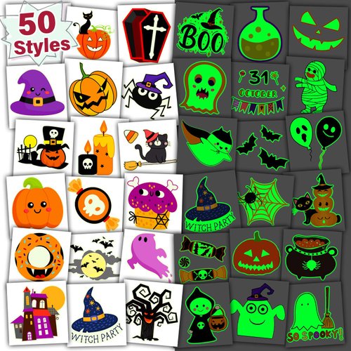 Partywind Glow Halloween Kids Party Decorations, Individually Cut Halloween Tattoos for Trick or Treat Party Supplies, Halloween Goodie Bag Stuffers Fillers (50 Styles)