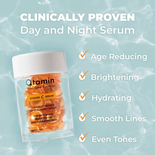 Qtamin Vitamin C Capsules for Face - Portable Face Serum Capsules | Vitamin C Serum Capsules for Face Moisturising, Anti-Aging, & Brightening (30 Count - 1 Bottle)