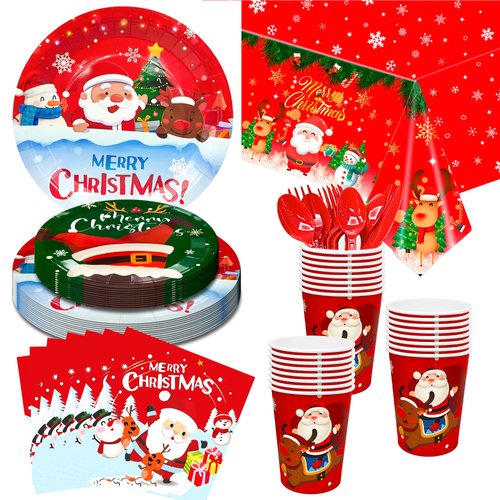 Christmas Tableware,113pcs Christmas Party Tableware Set Including Christmas Paper Plates and Napkins Cups& Christmas Tablecloth etc Xmas Party Tableware for Boys/Girls Christmas Party Supplies
