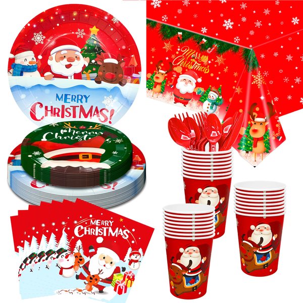Christmas Tableware,113pcs Christmas Party Tableware Set Including Christmas Paper Plates and Napkins Cups& Christmas Tablecloth etc Xmas Party Tableware for Boys/Girls Christmas Party Supplies
