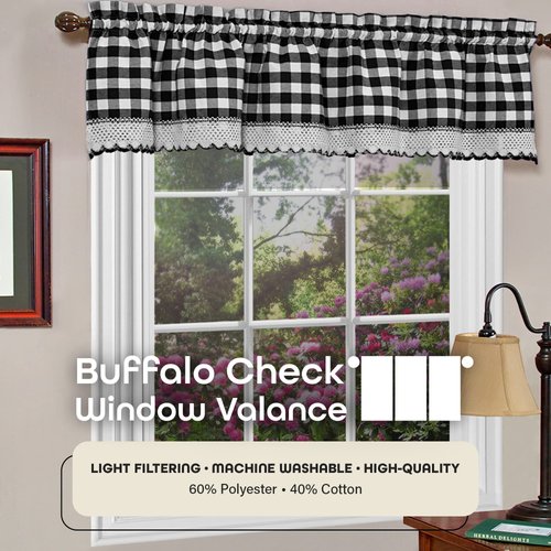 Buffalo Check Valance Window Curtains - 58 Inch Width, 14 Inch Length - Black & White Plaid - Light Filtering Farmhouse Country Drapes for Bedroom Living & Dining Room by Achim Home Decor