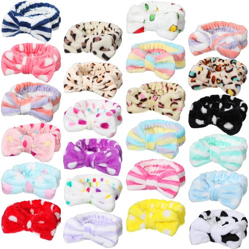 Jexine 24 Pcs Facial Spa Headband Makeup Headbands Bulk Bow Hair Head Band Fluffy Plush Spa Headb...