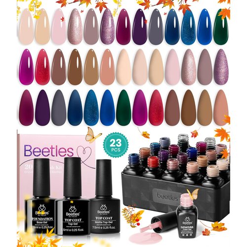 Beetles 23 Pcs Gel Nail Polish Kit - Manhattan Collection Nude Glitter Burgundy Red Brown Champagne Gold Fall Gel Polish Soak Off UV Glossy & Matte Top Base Coat Gifts for Women All Season