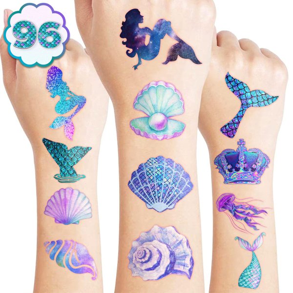 96PCS Mermaid Temporary Tattoos for Kids - Cute Under the Sea Party Favors, Perfect for Mermaid-Themed Birthdays, School Rewards, and Baby Showers