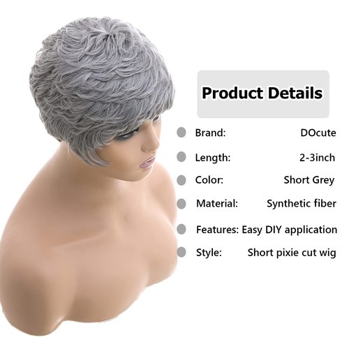 DOcute Short Grey Pixie Cut Wigs for Black Women Grey Pixie Wigs for Black Women Grey Pixie Cut Short Wavy Layered Wigs Grey Wavy Wigs Short Wigs (Grey)