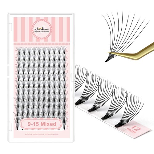 NATUHANA Premade Fan Eyelash Extension 10D Short Stem 0.07mm C Curl 9-15mm Mixed Tray Russian Volume Lash Pre made Fan False Lashes Short Root Lash Supplies Lash Extensions (9-15 MIX,10D black;0.07 C)