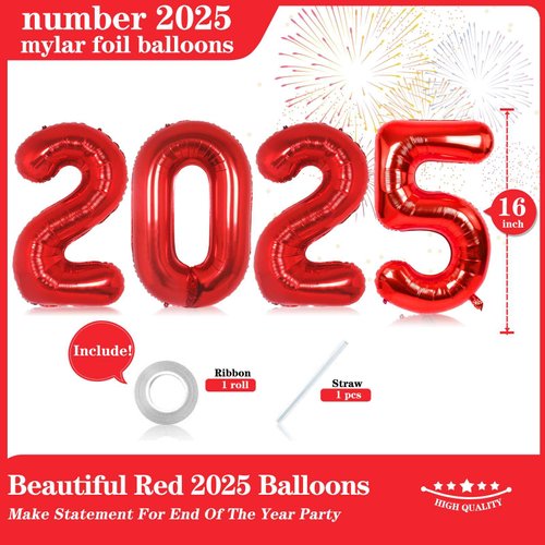 16 Inch Red Number 2025 Balloons, Big 2025 Number Balloons New Year Foil Red Balloons for 2025 Happy New Year Eve Celebration Decorations Party Supplies New Years 2025 Balloons Red