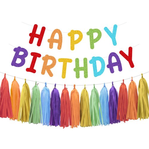 Aonor Happy Birthday Decorations - Rainbow Happy Birthday Banner and Paper Tassel Garland for Rainbow Colorful Birthday Party Decorations