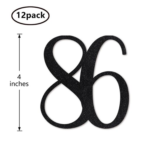 Black Glitter 86th Birthday Centerpiece Sticks, 12-Pack Number 86 Table Topper Anniversary Party Decorations