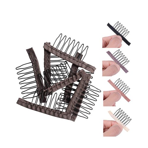 YANTAISIYU 24 pcs/lot Wig Combs for Making Wig Caps 7-teeth Wig Clips Steel Teeth with Cloth Wig Combs for Hairpiece Caps Wig Accessories Tools Wig Clips for Wig (Dark Brown)