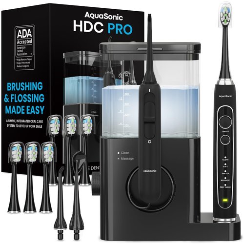 AquaSonic Home Dental Center PRO – Brushing & Flossing Made Easy – Brush & Floss – Power Toothbrush & Water Flosser – Whiter Teeth & Healthier Gums – Black Series Pro+Oral Irrigator – ADA Approved